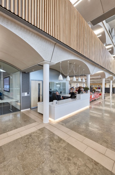 Our team designed and manufactured a range of acoustic products to compliment the design of the new Pavilion building and lecture theatres and classrooms at the newly built Clifton Campus at Nottingham Trent University.
Pavilion Building:
Our team custom made Ash slatted acoustic timber balustrade on a modular wood frame system in-corporating Absorber panels covered in Camira fabric to form bespoke panelling, which was then installed by our team.
For the upper work seating area in the Pavilion, RPG Absorber panels in Camira fabric were custom made and fitted with magnet fittings with Z bars to clear cable trays on all the high level metal beams and installed by our team.
Photos by Adam Coupe Photography NTP21.jpg
