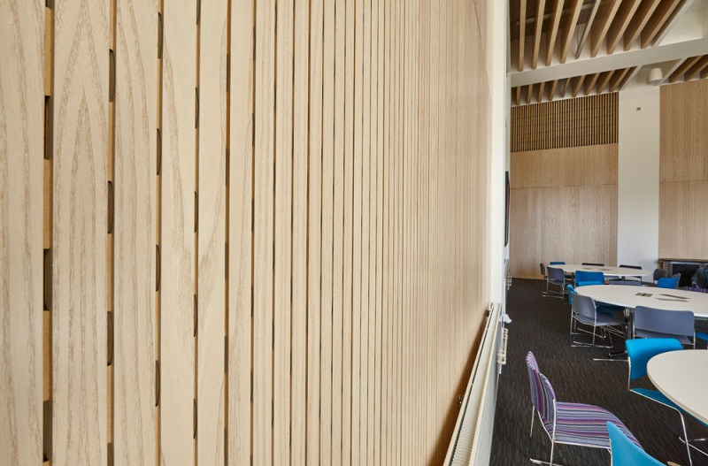 Our team designed and manufactured a range of acoustic products to compliment the design of the new Pavilion building and lecture theatres and classrooms at the newly built Clifton Campus at Nottingham Trent University.
Main Lecture Theatres No. 1,2,& 3:
Lambri acoustic timber slotted panelling in Blond Ash finish was installed on the walls incorporating vent grills, with custom made ceiling fins consisting of Lambri Blond Ash over acoustic absorption.
Photos: Adam Coupe Photography NTH21.jpg